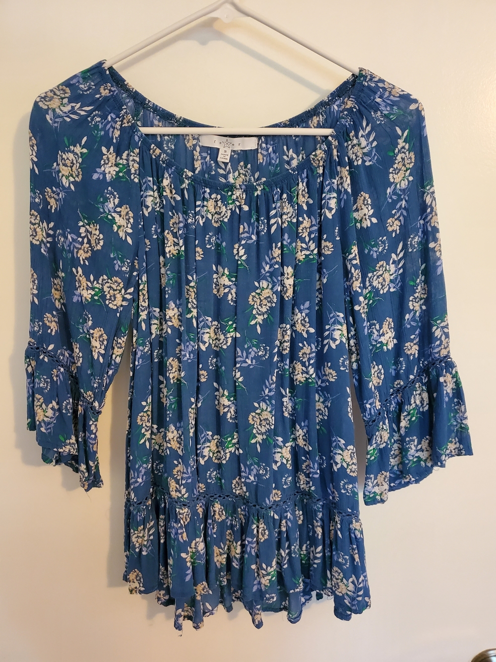 Fever Blue Floral Peasant Blouse with Ruffled Hem
